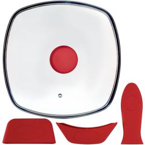 FOLI Square Glass Lid for Grill Pans with Steam Vent Hole - Fits Lodge Cast Iron Skillets 10.5inch/26.67cm Silicone Potholder- Square Tempered Glass Lid - Universal Replacement Cover Silicone Knob