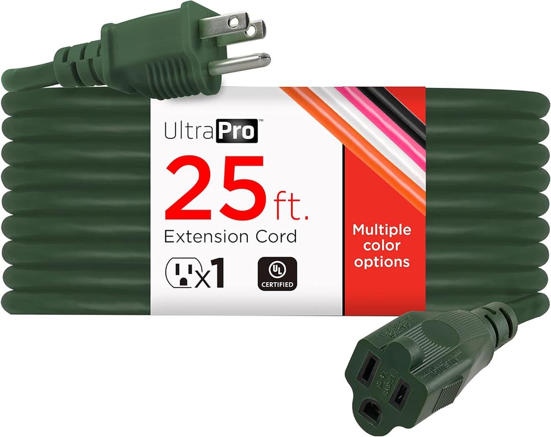 UltraPro Outdoor Extension Cord - 25 Ft, Heavy Duty, UL Certified 3 Prong, 16 AWG 120 VAC, Multipurpose Long Cord, 1 Pack, Green