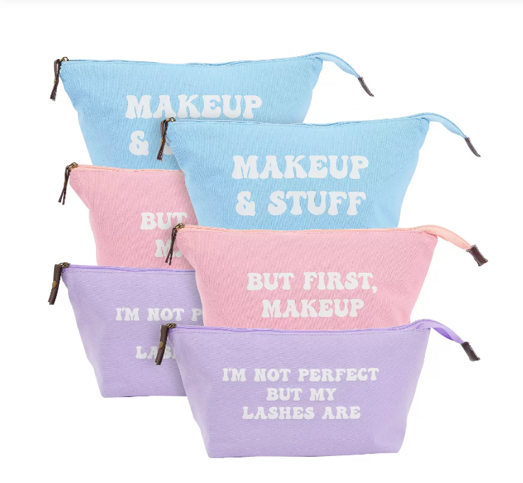 6 Pack Small Cosmetic Canvas Makeup Bags for Women with Zipper, 3 Colors and Designs (8 x 4 x 6 In)