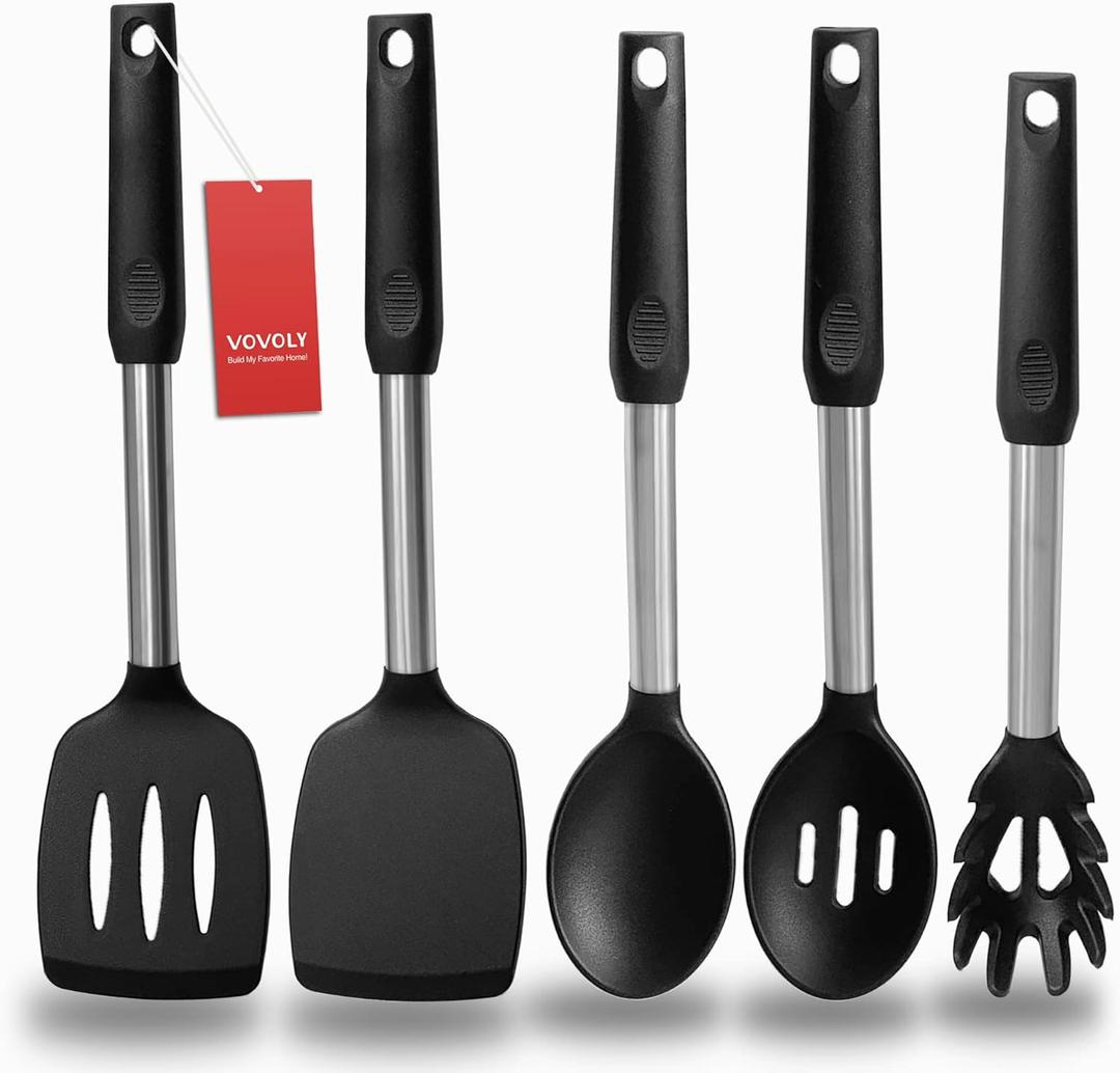 Silicone Spatula and Cooking Spoon,5 Pack Non-Stick Cooking Utensils for KitchenHeat Resistant Solid & Slotted Spoons and Spatulas, Stainless Steel Handle Coated with Silicone, Black