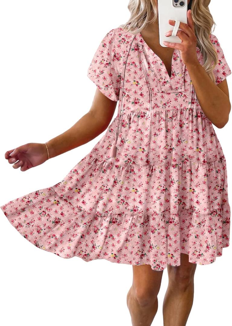 Dokotoo Womens Summer Casual Boho Floral Dresses 2026 V Neck Short Sleeve Sundresses Flowy Swing A-Line Mini Dress (Medium, Pink)
