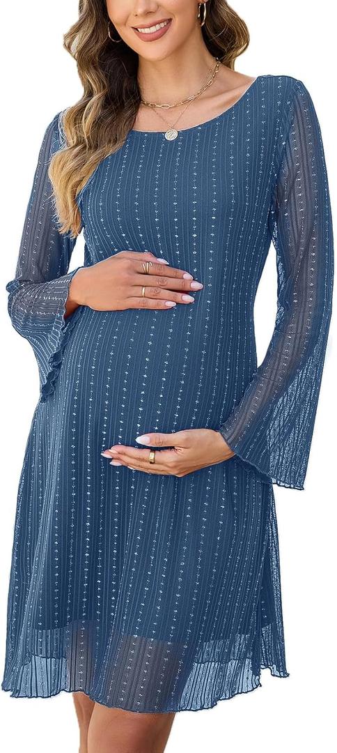 Sparkly Mesh Mini Maternity Dress Sheer Bell Sleeves Tie Back Pregnant Dresses Baby Shower Photoshoot Casual (Large, Blue)