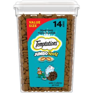 Temptations Jumbo Stuffed Cat Treats, Crunchy and Soft Cat Treats, Tempting Tuna Flavor, 14 oz. Tub (EXP 01/01/28)