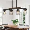 30" Farmhouse Kitchen Light Fixture, Black Hanging Kitchen Chandelier, 4-Light Rustic Dining Room Light Adjustable Height with Wood and Metal Frame, Suit for Farmhouse, Industrial Style