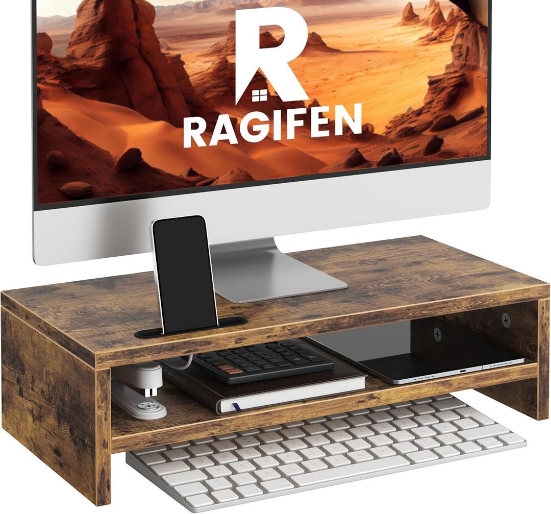 Wood Monitor Stand for Desk, 2 Tier Anti-slip Monitor Riser for Desktop with Phone Slot, Sturdy Computer Stand with Storage Shelves, Sturdy Laptop Riser Monitor Shelf, Easy to Assemble, Rustic Brown