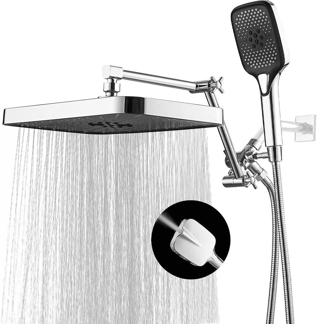 14 Inch Rain Shower Head with Handheld Spray Combo and Extention Arm, Rainfall Waterfall High Pressure Large Shower Heads, Dual Showerhead with 3-Way Diverter - Height/Angle Adjustable(Chrome)