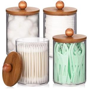 Tbestmax 4 Pack Qtip Holder Dispenser, Plastic Bathroom Organizer and Storage Containers, 10oz Apothecary Jars with Brown Bamboo Lid for Cotton Ball, Cotton Swab, Floss Tbestmax 4 Pack Qtip Holder Dispenser, Plastic Bathroom Organizer and Storage Containers, 10oz Apothecary Jars with Brown Bamboo Lid for Cotton Ball, Cotton Swab, Floss