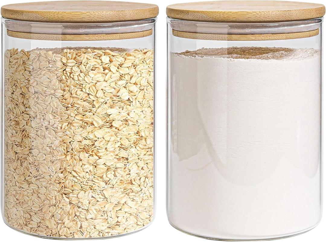 Glass Storage Jars Set Elegant Containers with Airtight Bamboo Lids, Perfect for Kitchen Organization - Flour, Rice, Pasta, Sugar, Coffee Beans, Accessories Included (2 packs(111oz)