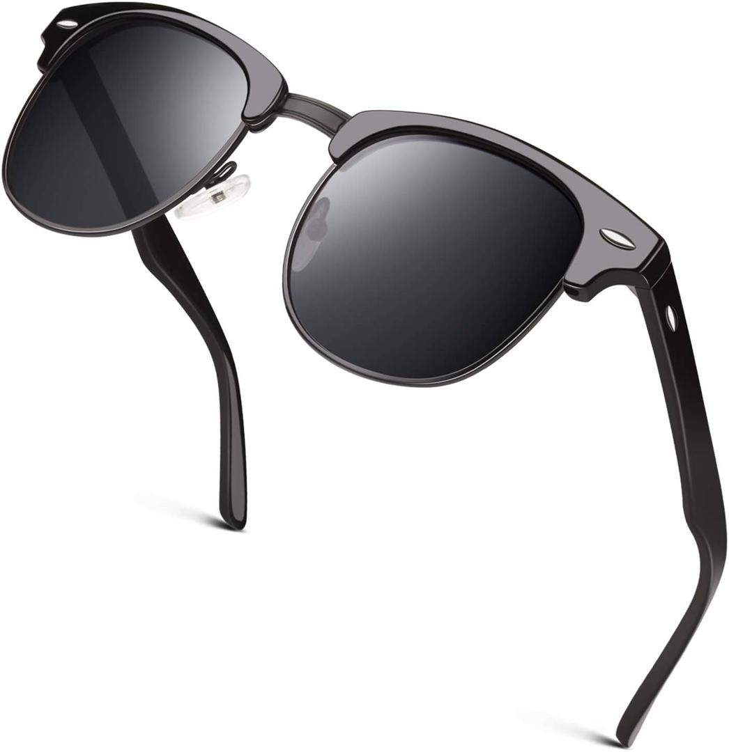 GQUEEN Classic Horn Rimmed Semi Rimless Polarized Sunglasses for Men Women GQO6 (Classic Glossy Black (Classiccat 3))