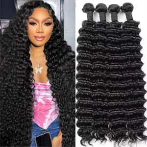 12A Deep Wave Human Hair Bundles 24 26 28 30 Inch 100% Unprocessed Deep Curly Bundles Human Hair Black Women Double Weft Wet and Wavy Hair Natural Color