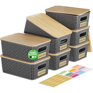 8 Pcs Plastic Storage Bins with Bamboo Lid, Stackable Storage Bins with Lids & Labels for Organizing, Storage Bins for shelves Office Drawer Cabinet & Pantry Nursery Organization,10.2x7.2x4 .1In