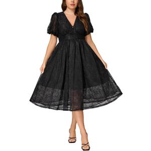 Women's Plus Size Cocktail Dress - V Neck Short Sleeve Lace Midi Dress | Semi Formal Wedding Guest Prom Attire (Large, Black)