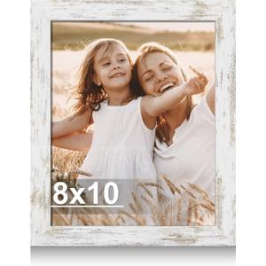 Hongkee 8x10 Picture Frame, Made of Real Glass and Wooden Frame, Horizontal and Vertical Display for Wall or Tabletop (Distressed White, 1 Pack)