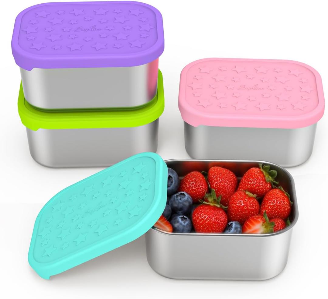 SOPHICO Stainless Steel 14 OZ Snack Containers for KidsFood Storage Container with Silicone Lid - Perfect 304 Metal Toddler Lunch Box for Daycare and School, Leak Proof (MIX, 4 PACK)