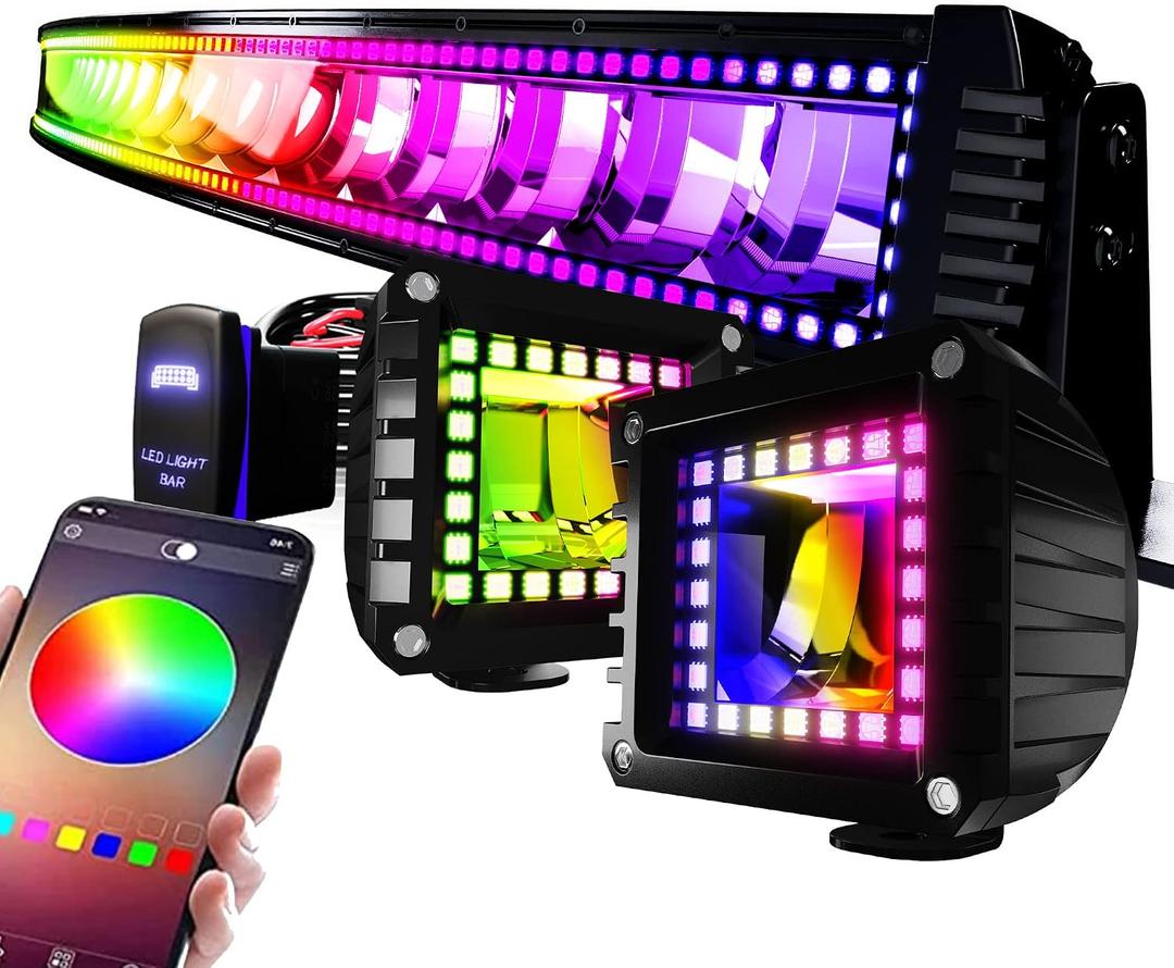 52" Curved RGB LED Light Bar 2X 4 Flood LED Pods with Chasing RGB Halo 16 Solid Colors Offroad Driving Fog Lights with Switch Wiring Harness