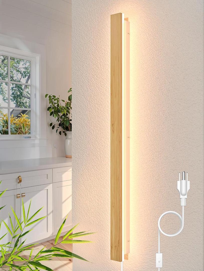 1 Pack Modern Plug in Long Wall Sconce 45.2 LED Bamboo Wall Lights 35W Long Strip Indoor Wall Lamp 3000K with 6.5FT Plug in Cord and On/Off Switch on The Cord for Living Room Hallway Stairwell (Wood)