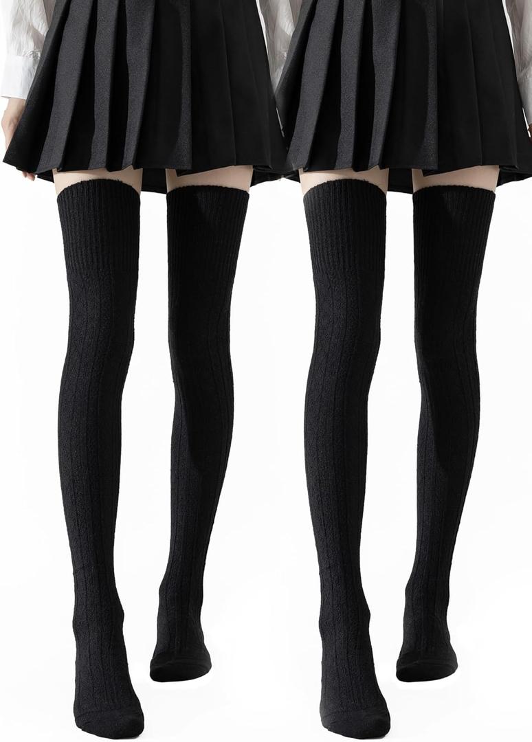Women's Thigh High Socks - Over The Knee, Cable Knit Warm Boot Socks, Stretchy Cotton Blend Long Sock for Women (7, Black Black)