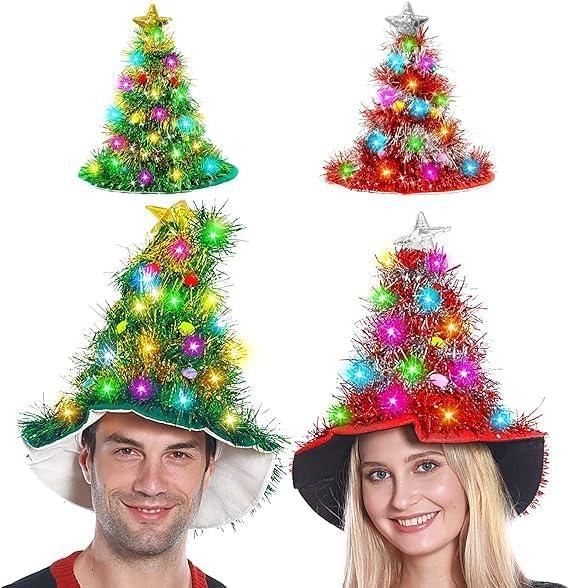 Camlinbo 2 Pcs Christmas Hats, Tinsel Tree Santa Hat with 30 Colored LED Lights, 3 Lighting Modes, Xmas Party Costume Accessories