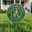 No Soliciting Thank You Yard Sign, Green and Gold Aluminum Metal Lawn Sign, Heavy-Duty 11.22" x 6.18" Round Sign with Raised Letters, Integrated Ground Stake for Easy and Stable Installation.