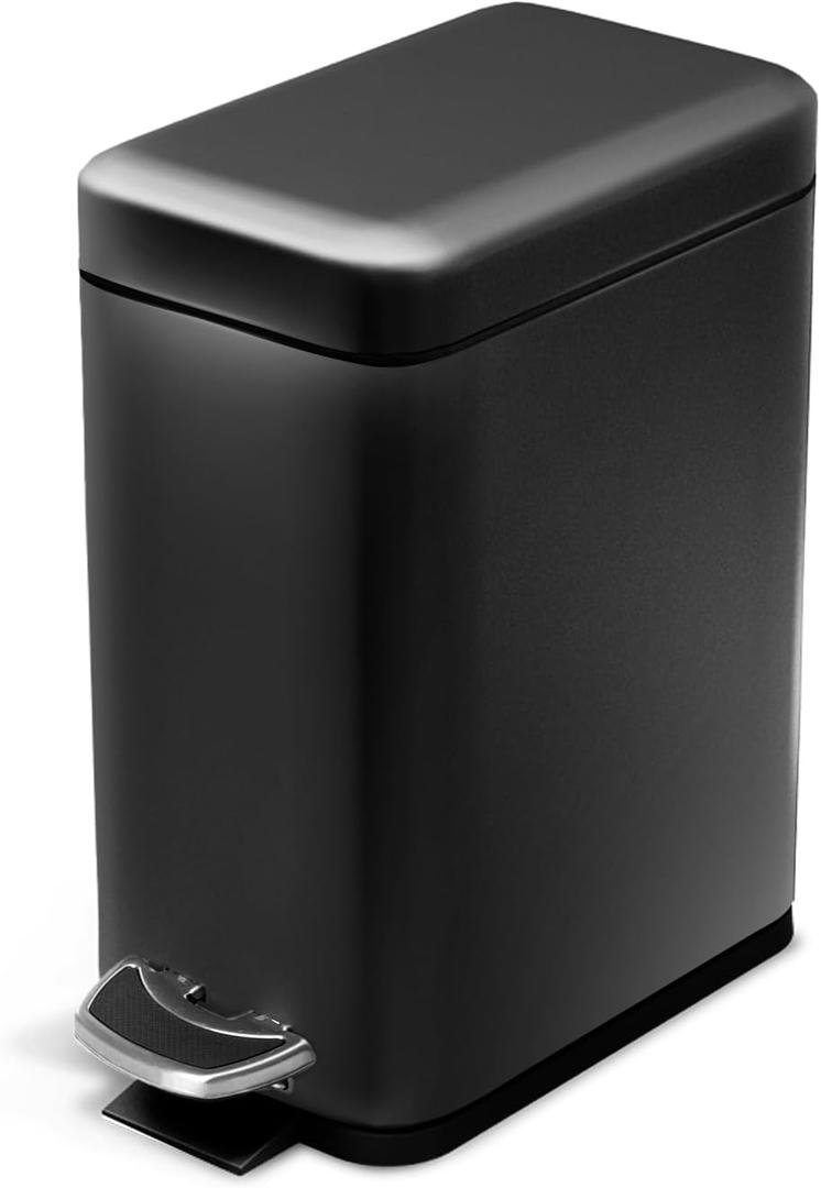 Home Zone Living 1.3 Gallon Bathroom Trash Can with a Lid, Stainless Steel Wastebasket with Slim Shape and Step Pedal for Home and Office, 5 Liter Capacity, Matte Black