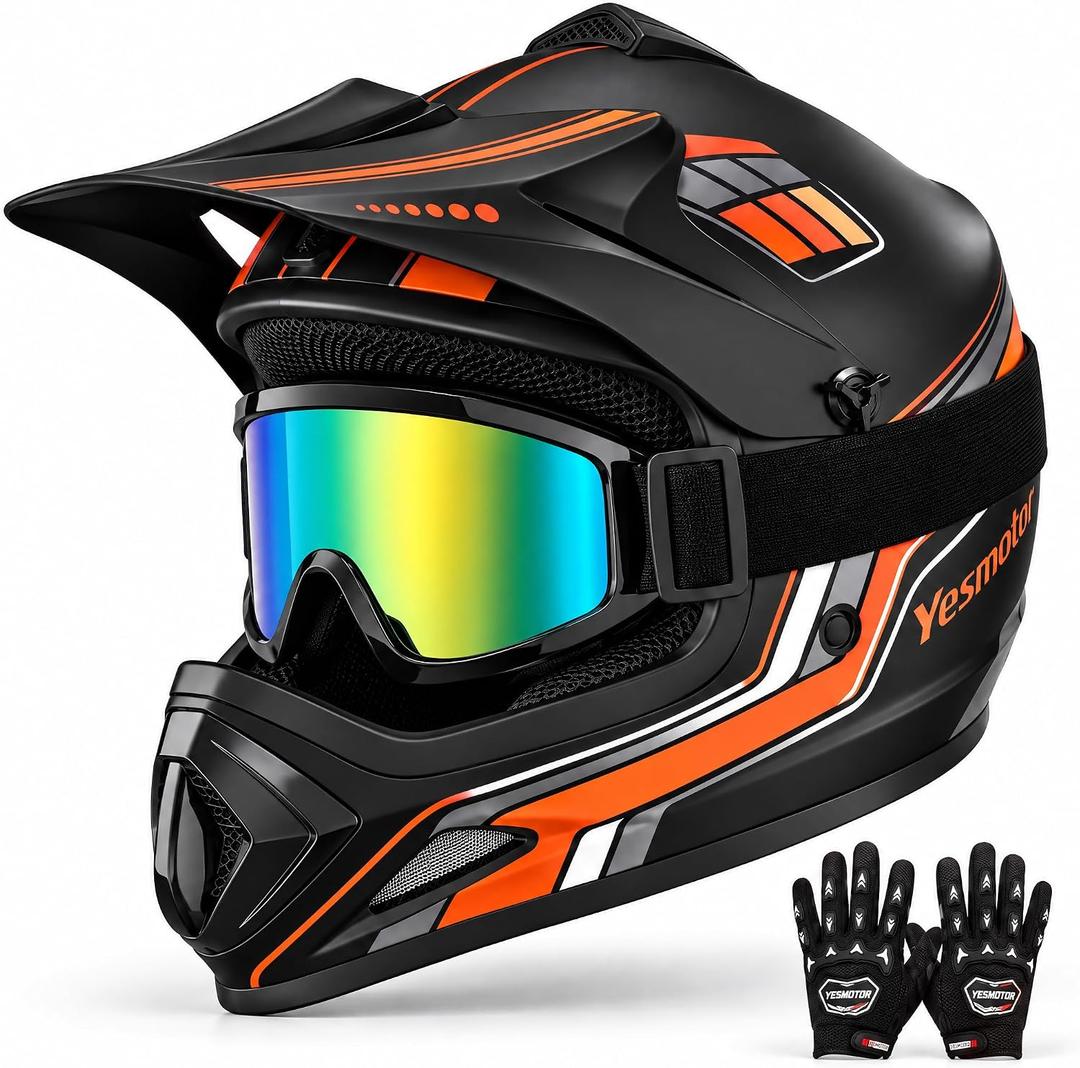 Yesmotor Youth Dirt Bike Motorcycle Helmet Kid Full Face Helmet DOT, Orange, X-Large