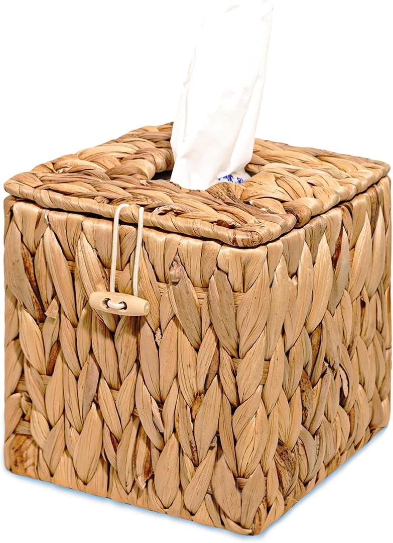 PINXIURY Tissue Box Cover Square Handwoven Rattan Tissue Box Holder, Natural Handmade, Boho Decorative Handcrafted Square Facial Tissue Holder with Lid, Rustic Decorative on Table and Bathroom, Office (Single)