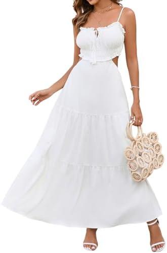 XinFSh Women's Summer Spaghetti Maxi Dress Boho Backless Milkmaid Cutout Dresses Casual Flowy Long Beach Vacation Sundress S