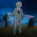 Halloween Black and White Striped Blazer Suit for Men Tie Shirt Green Face Sticker Outfit Costume (L)