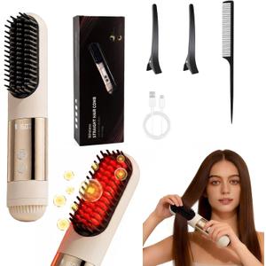 2026 New Go Brush Pro - 3 Temps Portable Cordless Hair Straightener Brush for Travel, 30s Fast Heat & Led Digital Display(C/F), Cool Air Setting On The Back (Beige)
