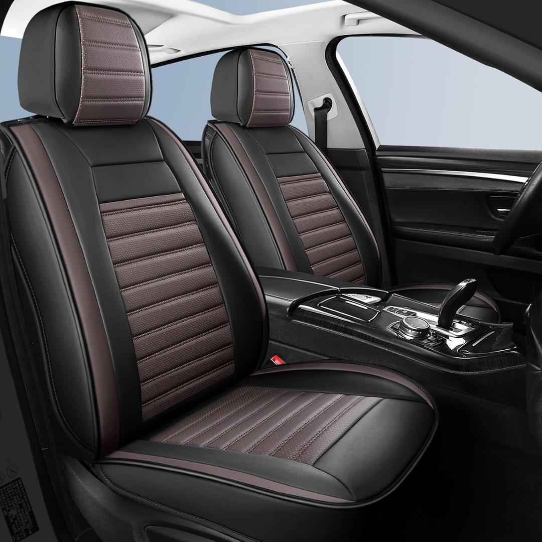 Car Seat Cover,Breathable Horizontal Stripes Faux Leather Automotive Seat Covers,Universal Auto Seat Covers for Cars Sedans SUV Pick-up Truck(Style2,2 PCS Front Seat,Black+Brown)