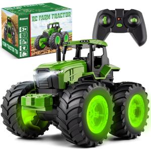 Remote Control Tractor Toys for Kids 3-5, Light Up Monster Trucks Toy for Boys 3,4,5,6,7 Year Old, Toddlers RC Farm Vehicle Toys for Ages 3-7 Years Old, Ideal Birthday Toys Gift for Boys Girls (Green)
