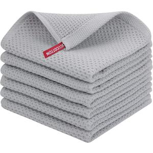 Homaxy 100% Cotton Waffle Weave Kitchen Dish Cloths, Ultra Soft Absorbent Quick Drying Dish Towels, 12 x 12 Inches, 6-Pack, Light Gray