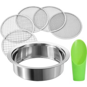 Soil Sieve Stainless Steel Riddle Sieve Set, 9.5" Diameter, Garden Sifter with 5 Filter Mesh Sizes 1,3,5,9,12mm and Bonsai Soil Scoops Gardening Tool