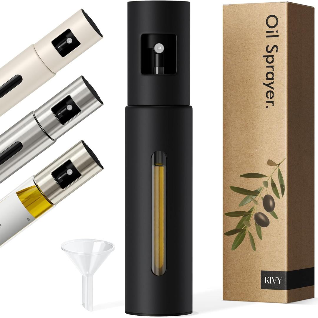 KIVY Glass Oil Sprayer for Cooking Precise Oil & Vinegar Spray Bottle Oil Mister Spray Bottle for Food Includes Funnel Perfect for Cooking & Air Fryer (Black)