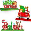 3pcs Christmas Table Signs Decorations, Xmas Dog Centerpieces Decorative Wooden Signs, Christmas Party Table Decorations Truck Ornament for Holiday Xmas Tiered Tray Set for Xmas Holiday Winter Parties Indoor Home