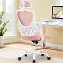 Sweetcrispy Office Computer Desk Chair, Ergonomic High-Back Mesh Rolling Work Chairs with Wheels and Adjustable Headrests, Comfortable Lumbar Support, Comfy Flip-up Arms for Home,Bedroom,Study, Pink