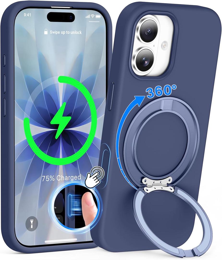STERKER 360 Rotatable Stand Compatible with iPhone 17 Case with Magnetic [Military Grade Drop Tested][Adjustable Kickstand] Ring Holder Silicone Slim Back Soft Edge, Blue