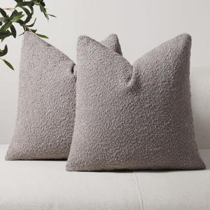 DEZENE Textured Boucle Throw Pillow Covers 18x18 Silver Grey for Bed Couch Sofa Living Room, Pack of 2 Square Cozy Accent Decorative Pillow Cases (Covers ONLY)