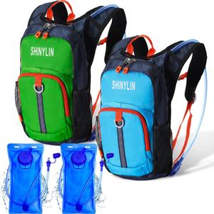 Shinylin 2 Pcs Kids Hydration Backpack with 1.5L Water Bladder Lightweight Kids Hiking Backpack Water Rucksack for Boys Girls Climbing Running (Blue, Green)