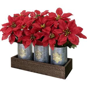 Poinsettias Artificial Christmas Flowers with LED Lights, Red Xmas Table Centerpiece in Pots and Wood Box for Decoration