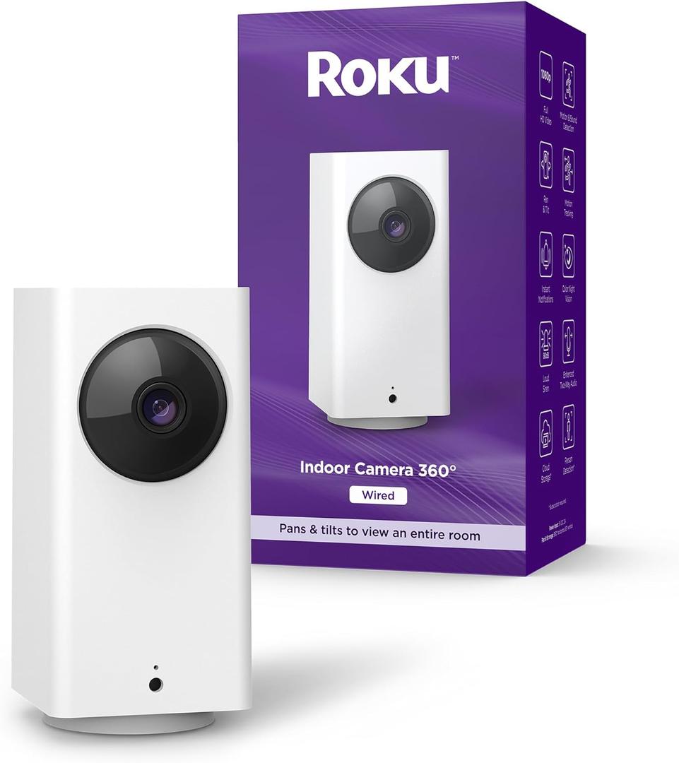 Roku Indoor Camera 360 for Home Security - Security Camera with 1080p HD Color Night Vision, Works with Alexa & Google, Motion Detection & Tracking - Pan & Tilt - 90-Day Subscription Included