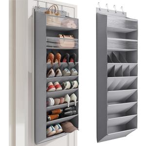 Mefirt 16-20 Pairs Over the Door Shoe Organizer, Clear Pockets Shoe Rack for Closet Door, Hanging Shoe Rack for Boots, Behind the Door Shoe Holder Fit All the Family's Sneakers, Boots, Heels, Grey