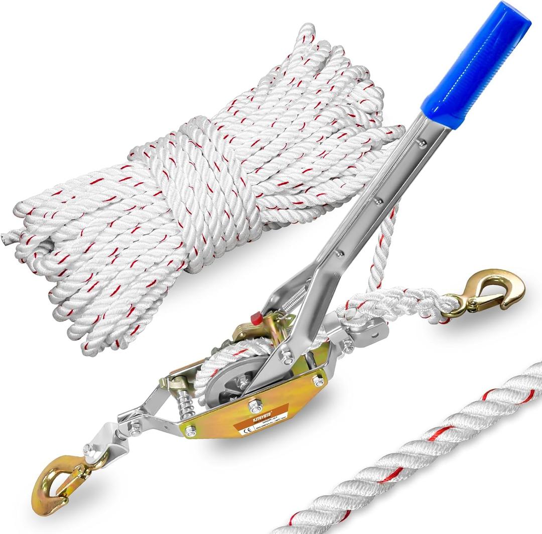 Rope Puller 3/4 Ton Capacity with 100Ft 0.6In Diameter Rope Come Along Winch 2 Hooks Rope with Single Gears for Tree Felling Moving Boats