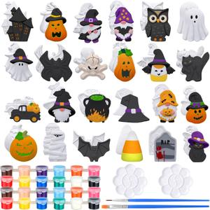 WinnerWhy 24 Sets Halloween DIY Painting Kits with Unpainted Ceramic Pumpkin Ghost Bat Skull Gnome Witch Hat Black Cat for Activity Art Projects Halloween Gifts Party Decor