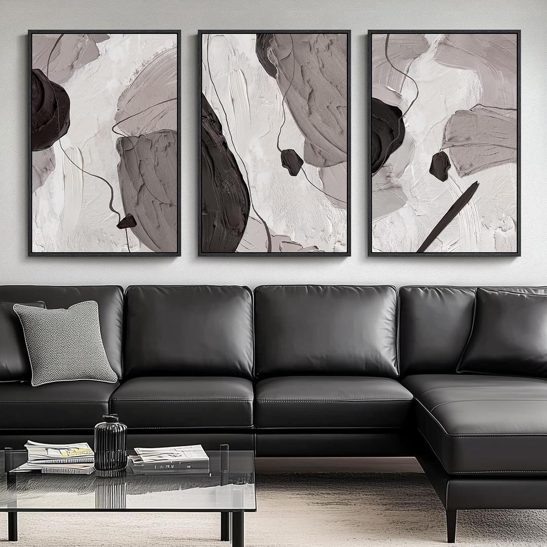 Large Framed Black and White Grey Abstract Wall Art for Living Room, 3 Piece Modern Canvas Prints Paintings Artwork for Walls, Minimalist Abstract Pictures for Hallway, Office Wall Decor 24x36 Inch, 24" W x 36" H x 3Pcs