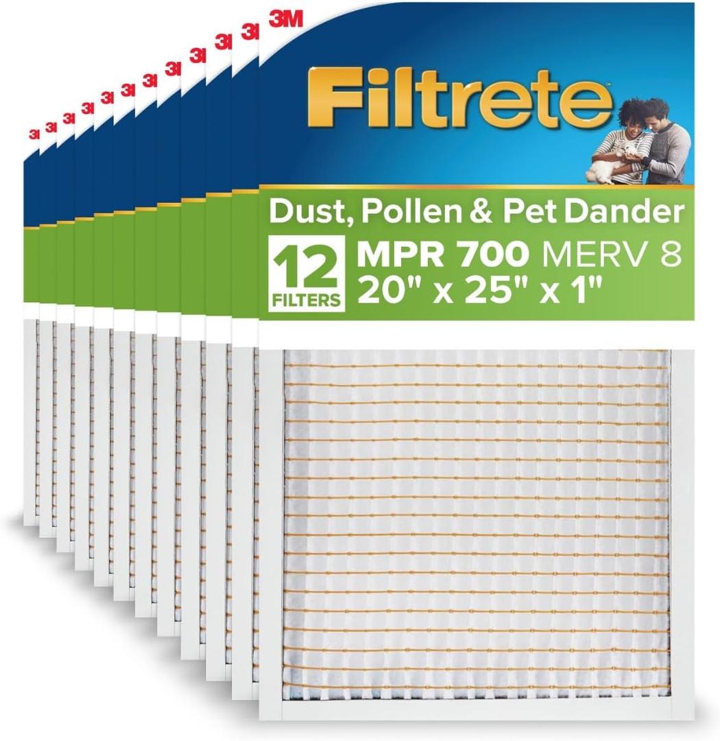 Filtrete 20x25x1 AC Furnace Air Filter, MPR 700, MERV 8, Tough on Pollen, Easy on Airflow, 3-Month Pleated 1-Inch Electrostatic Air Cleaning Filter, 12-Pack (Actual Size 19.69 x 24.69 x 0.81 in)