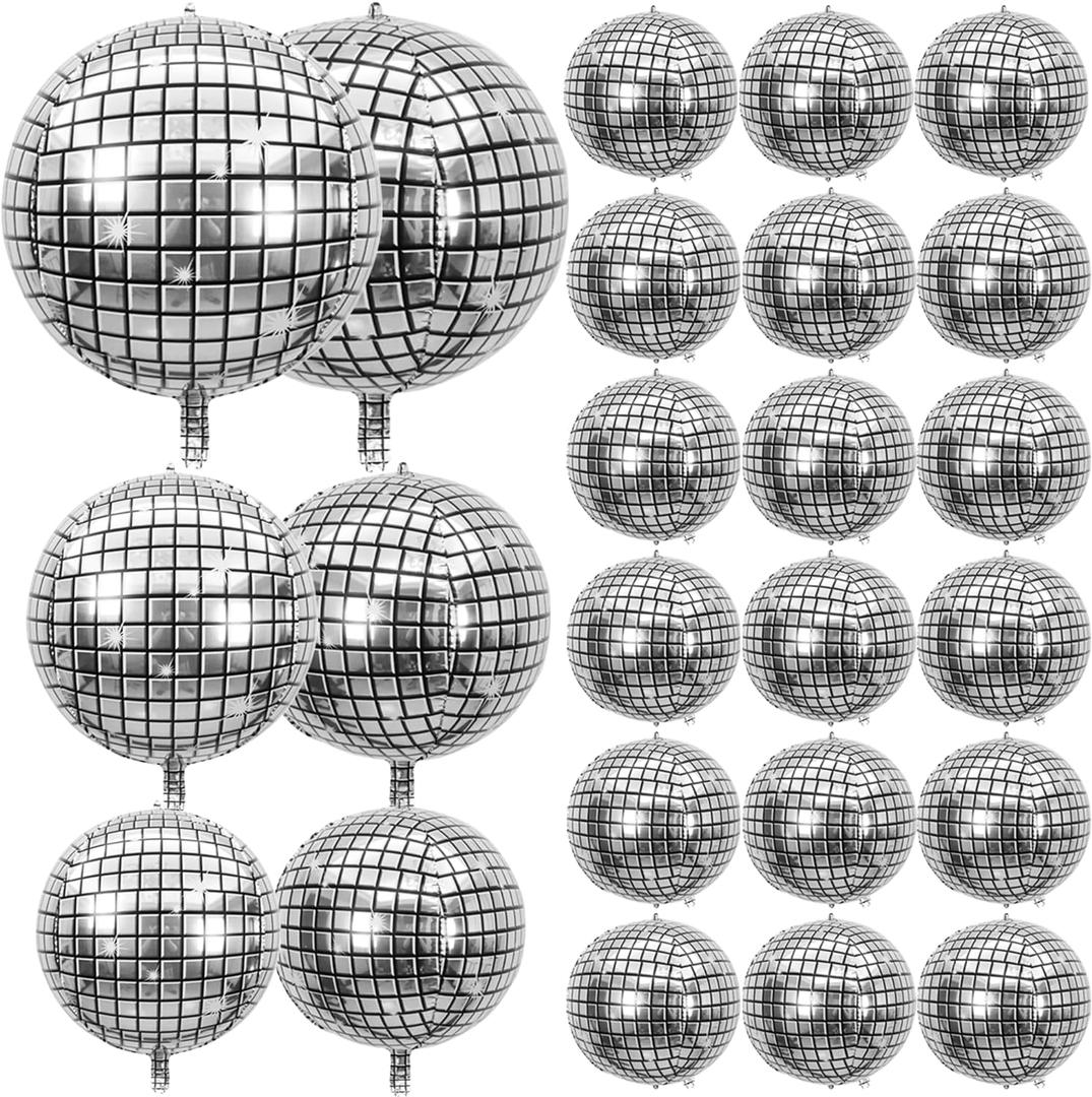 24 PCS Disco Ball Balloons Different Sizes- 4D Large Disco Balloons 10 Inch 15 Inch 18 Inch 22 Inch Assorted Round Metallic Silver Disco Balloons for Disco Themed Party Decor Supplies