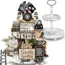 Nuogo 24 Pcs Winter Tiered Tray Decorations Set and 2 Tiered Tray Stand with Handle Winter Table Decoration Tabletop Snowman Decorations for Christmas Home Farmhouse Hot Cocoa (Black)