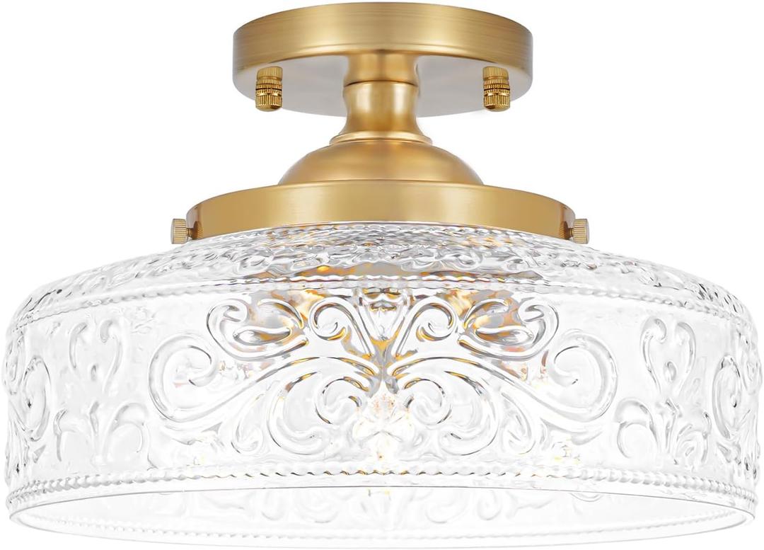 Gold Semi Flush Mount Ceiling Light, 3-Light Close to Ceiling Light with Globe Glass, Vintage Hallway Lights, Brass Closet Light Fixture, Kitchen Flush Ceiling Mount for Entryway Bedroom Bathroom,E12 (12in)