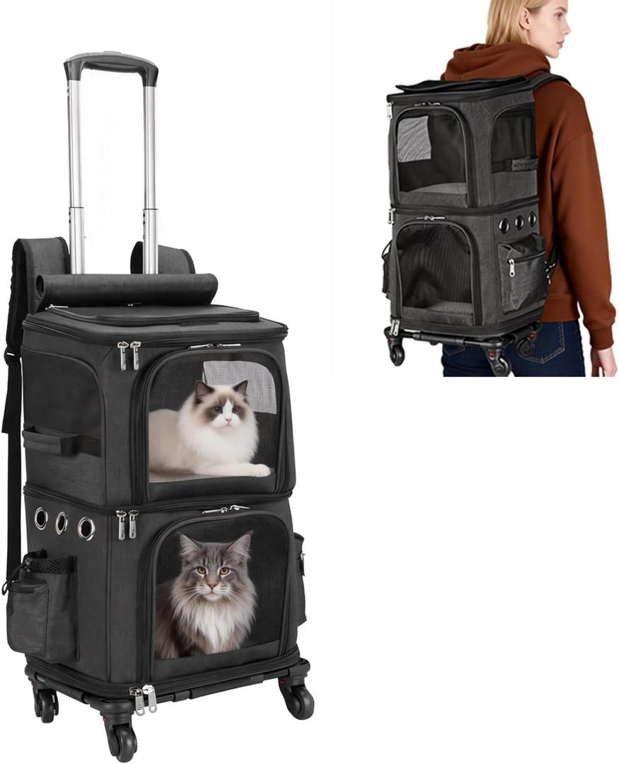 HOVONO Double-Compartment Pet Carrier Backpack with Wheels for Small Cats and Dogs, Cat Rolling Carrier for 2 Cats, Perfect for Traveling/Taking a Walk/Trips to the Vet, Black